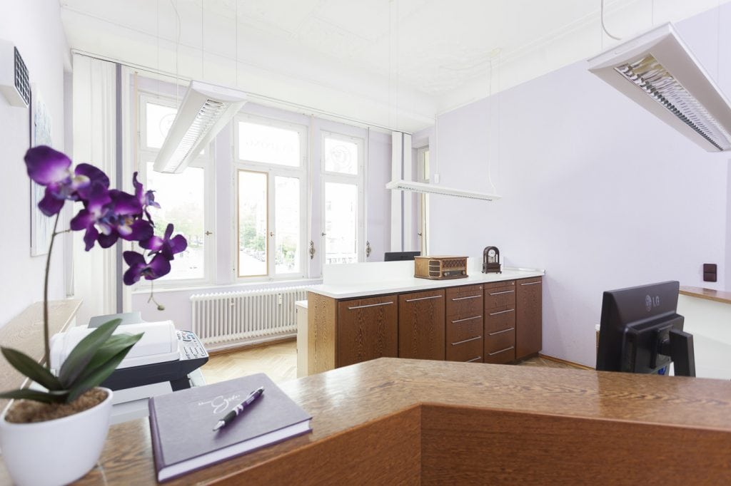 Helles Büro mit großen Fenstern, Schreibtisch und Pflanzen in Köln.